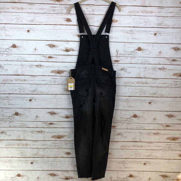 True Craft Jeans True Craft Black Destructed Skinny Overalls Jrs
